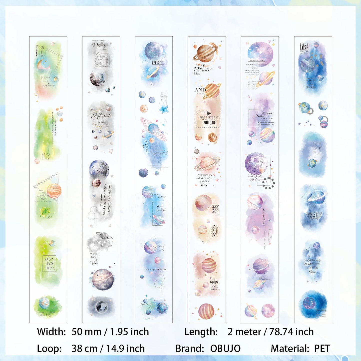 6 Rolls Watercolor Planets PET Sticker Tapes Set SMXY