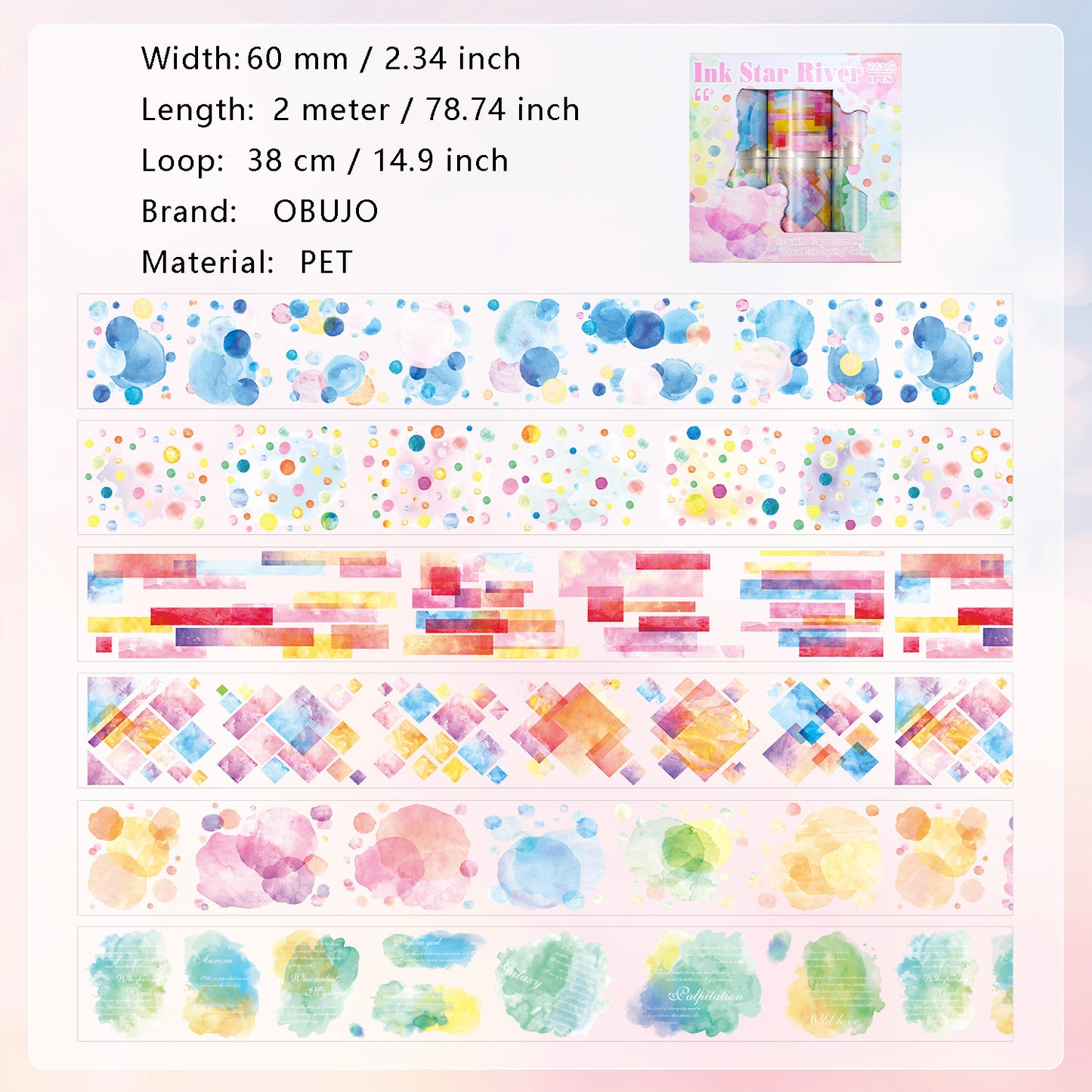 6 Rolls Watercolor PET Sticker Tapes Kit YSMR