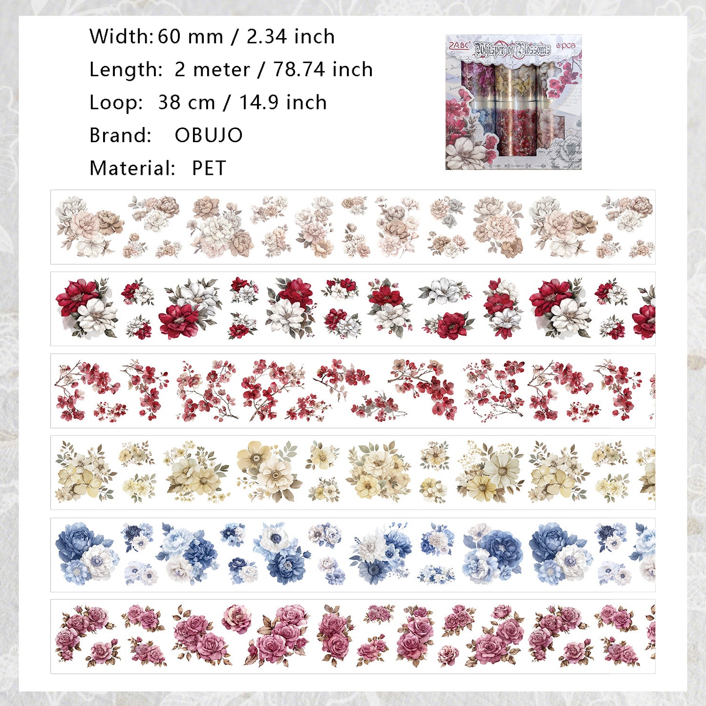 6 Rolls Flower PET Sticker Tapes Kit SYHZ