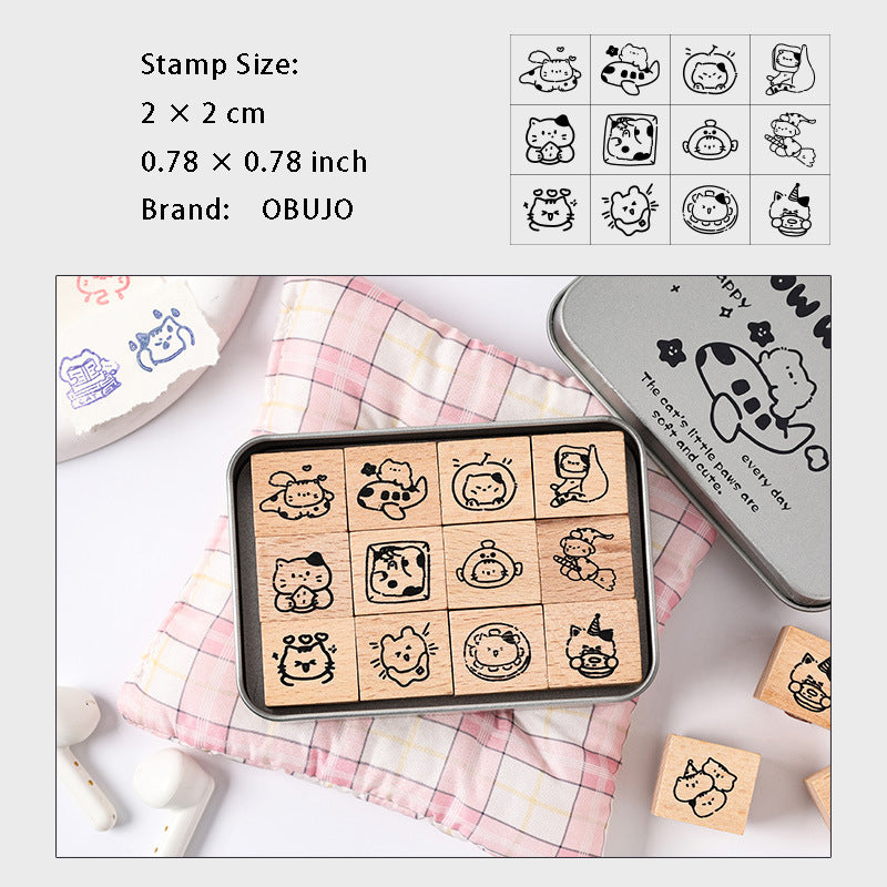12 Pcs Cat Wooden Stamps Kit YXMM