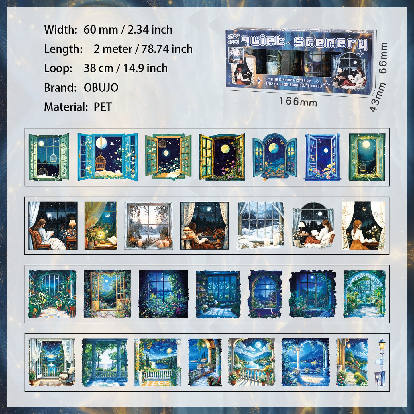 4 Rolls Moon Night PET Stickers Tape Set YKJJ