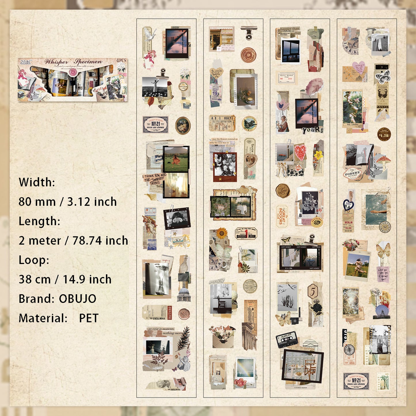 4 Rolls Vintage PET Stickers Tapes Set FTJY