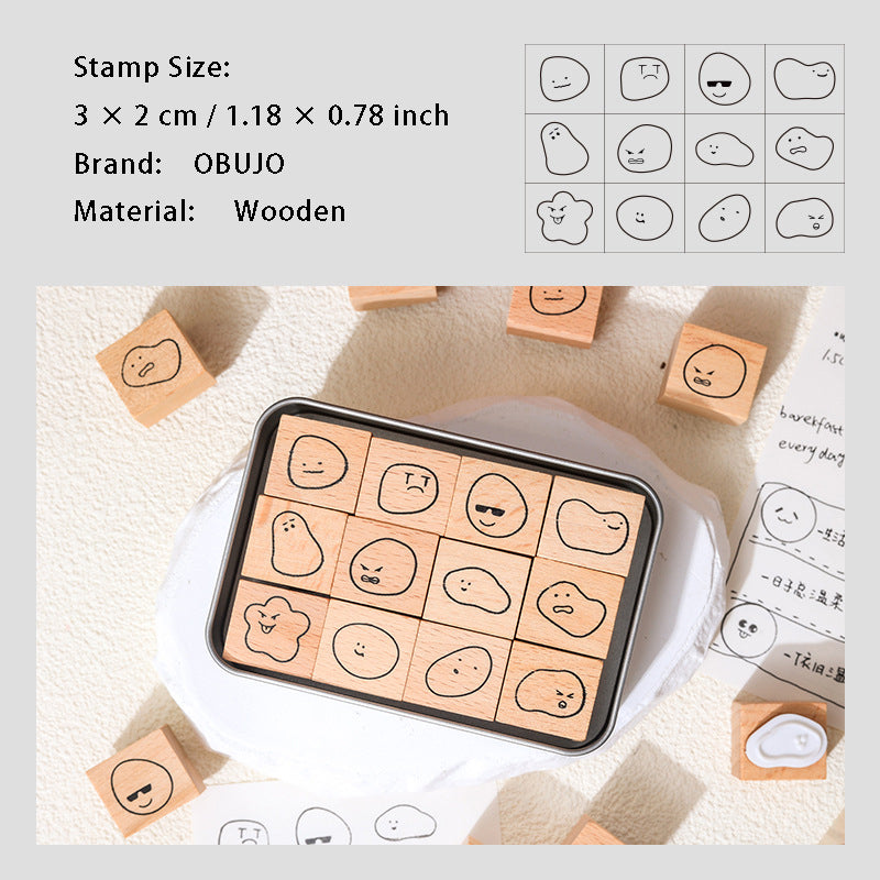 12 Pcs Cute Emoji Wooden Stamps Kit KEBQ