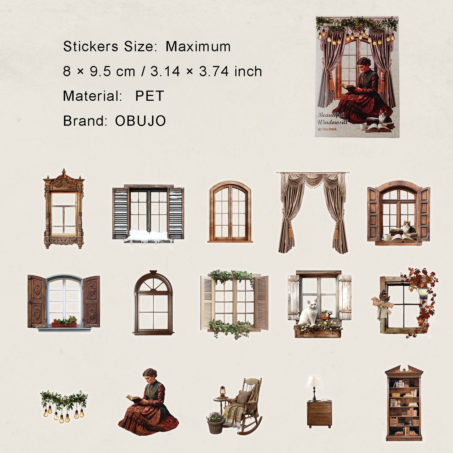 30 Pcs Vintage Window PET Stickers CJLY