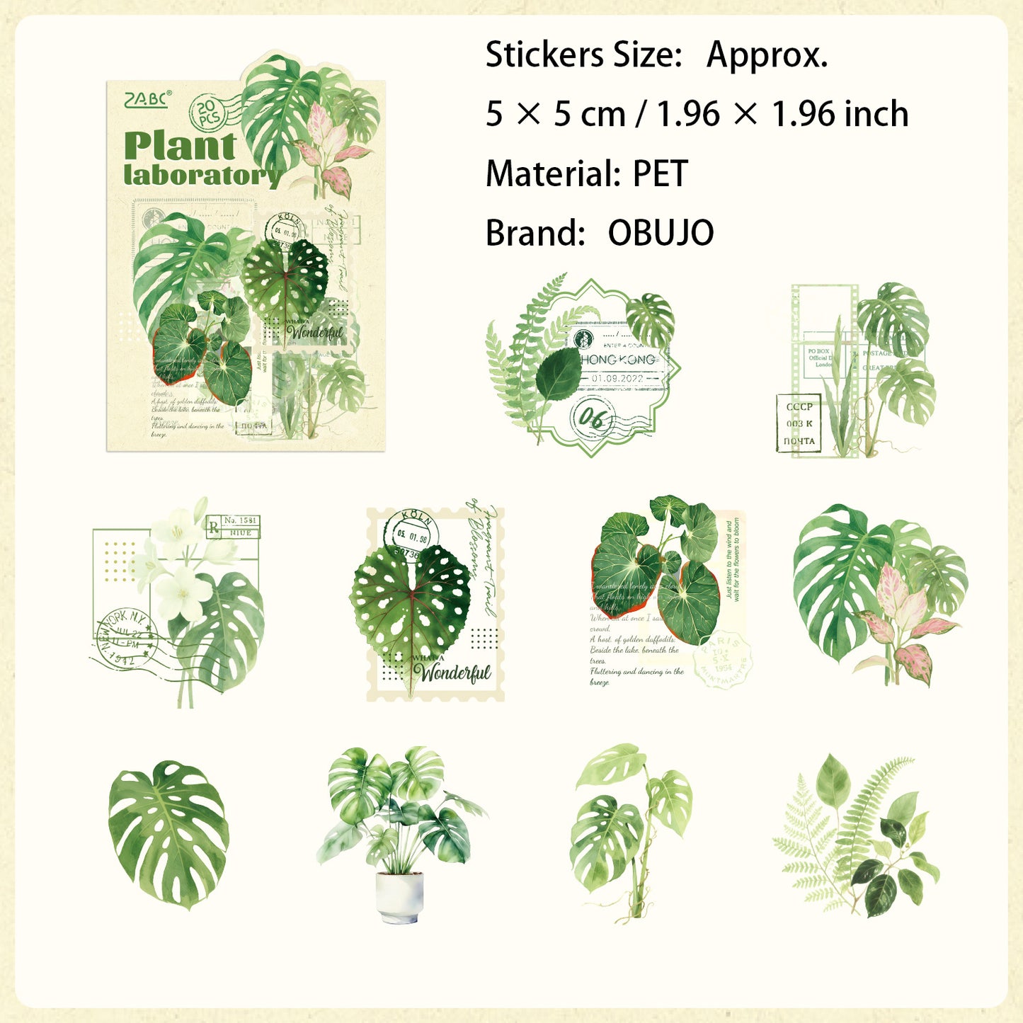 20 Pcs Green Leaf Collage PET Stickers ZWSYS