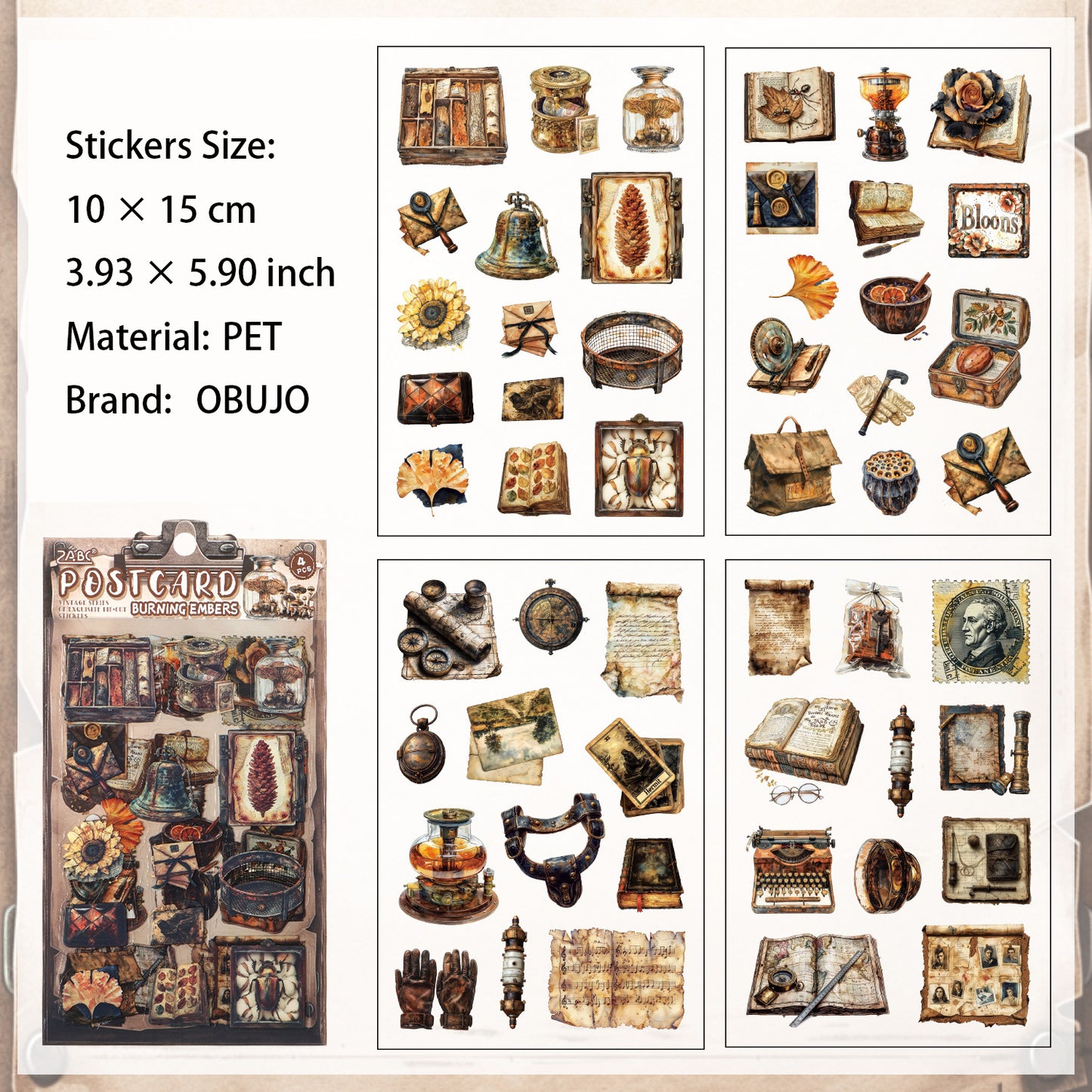 4 Sheets Vintage Junk Journal Stickers GZJW