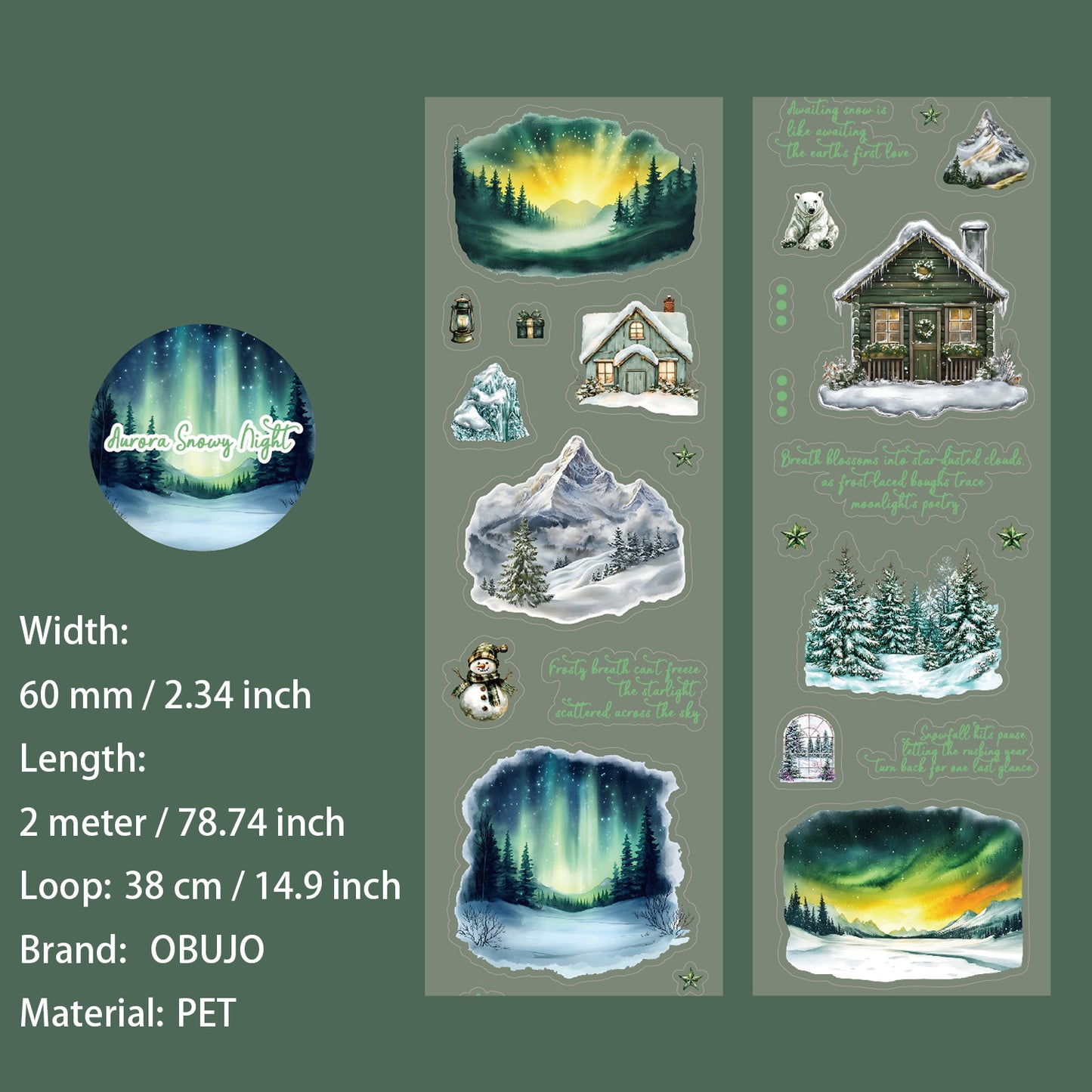 1 Roll Winter Aurora Themed PET Stickers Tape YDCX