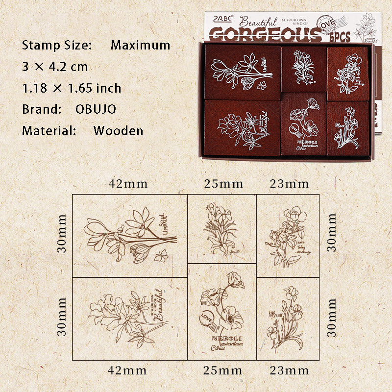 6 Pcs Vitnage Flower Firework Wooden Stamp Kit YYZY