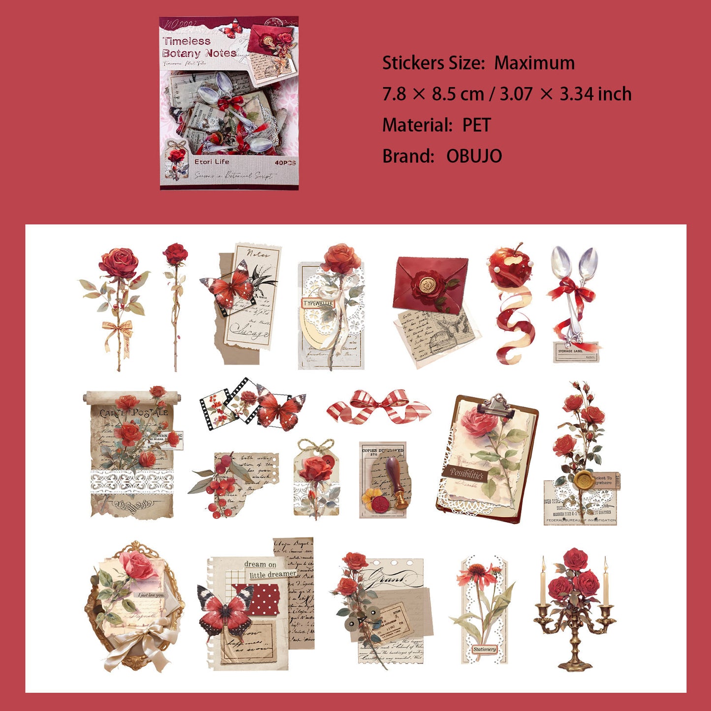 40 Pcs Leaf Flower Collage PET Stickers SGPZ