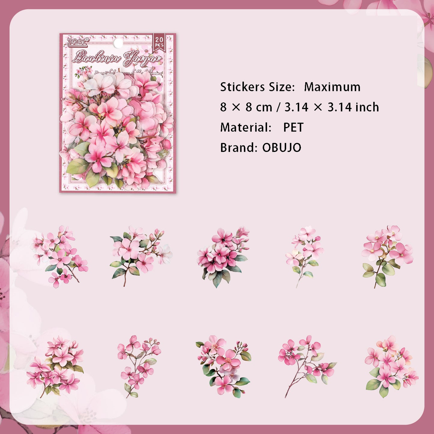 20 Pcs Pink Flower PET Stickers HMJJ
