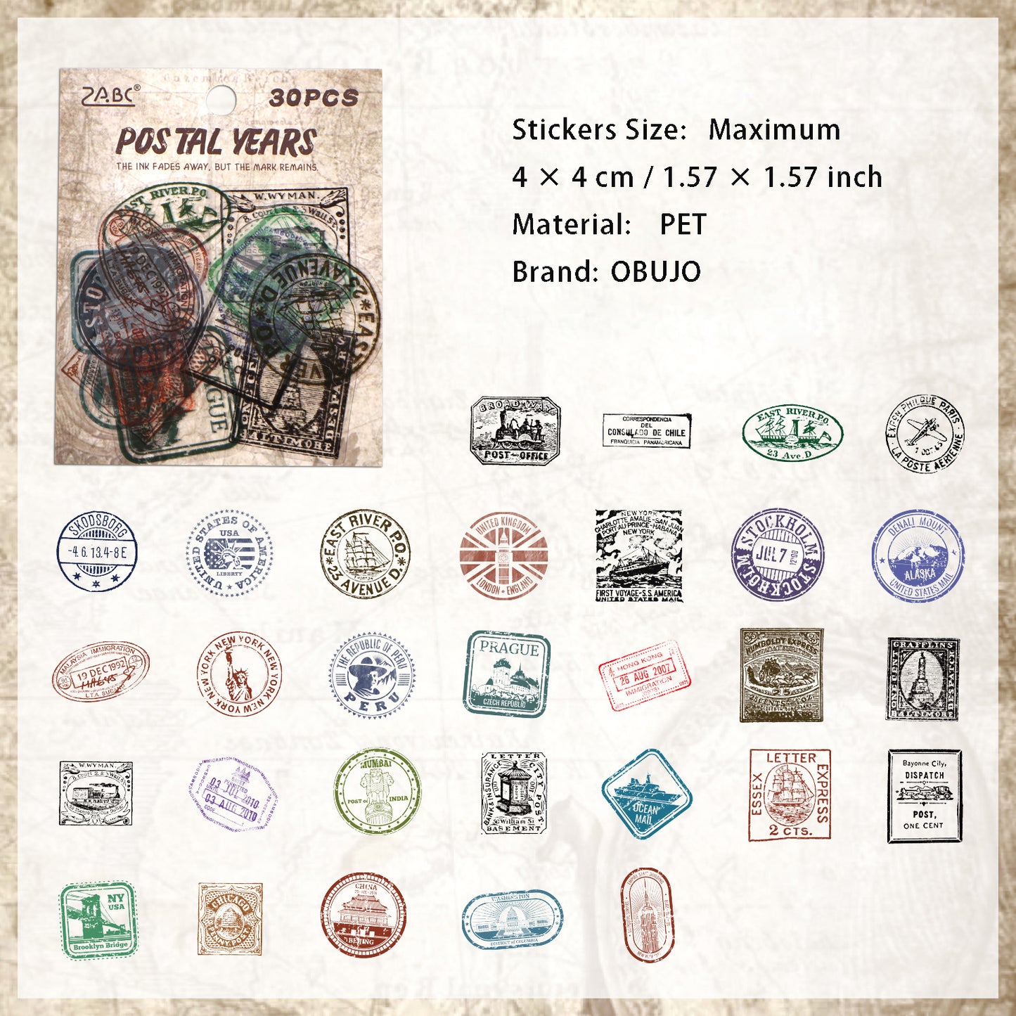 30 Pcs Vintage Post Stamp PET Stickers YJJN