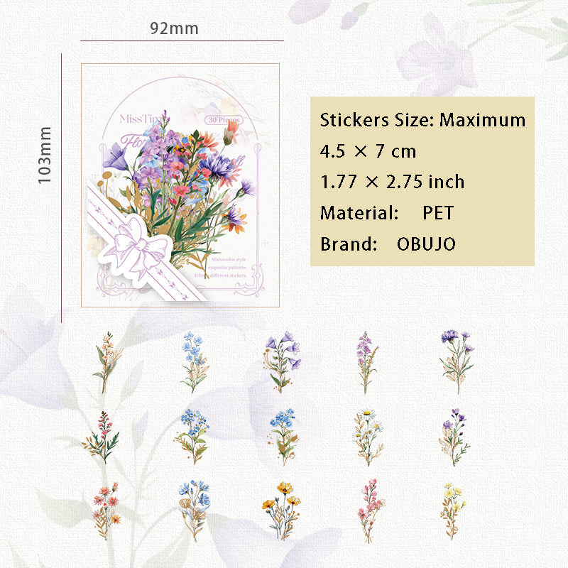 30 Pcs Wild Flower PET Stickers HJQM