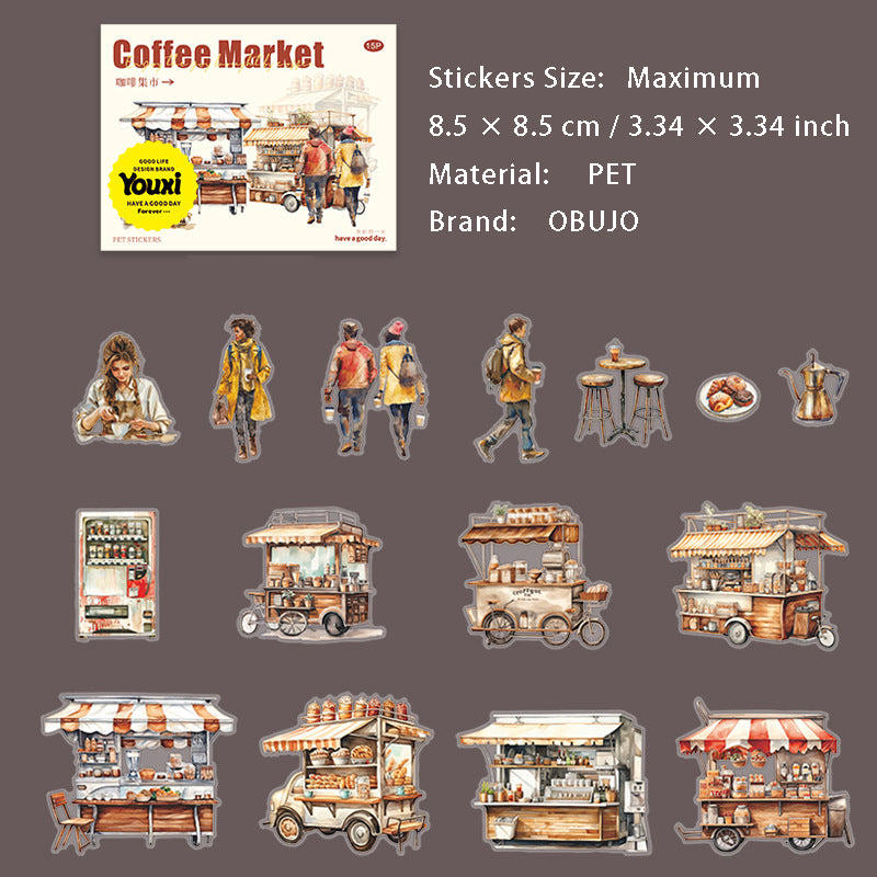 15 Pcs Coffee Theme PET Stickers KFJS