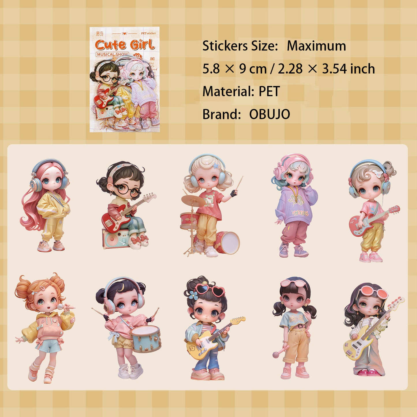 10 Pcs Carton Kids Girl PET Stickers MQSN