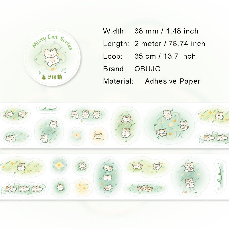 1 Roll Watercolor Cat PET Stickers Tape YYMM