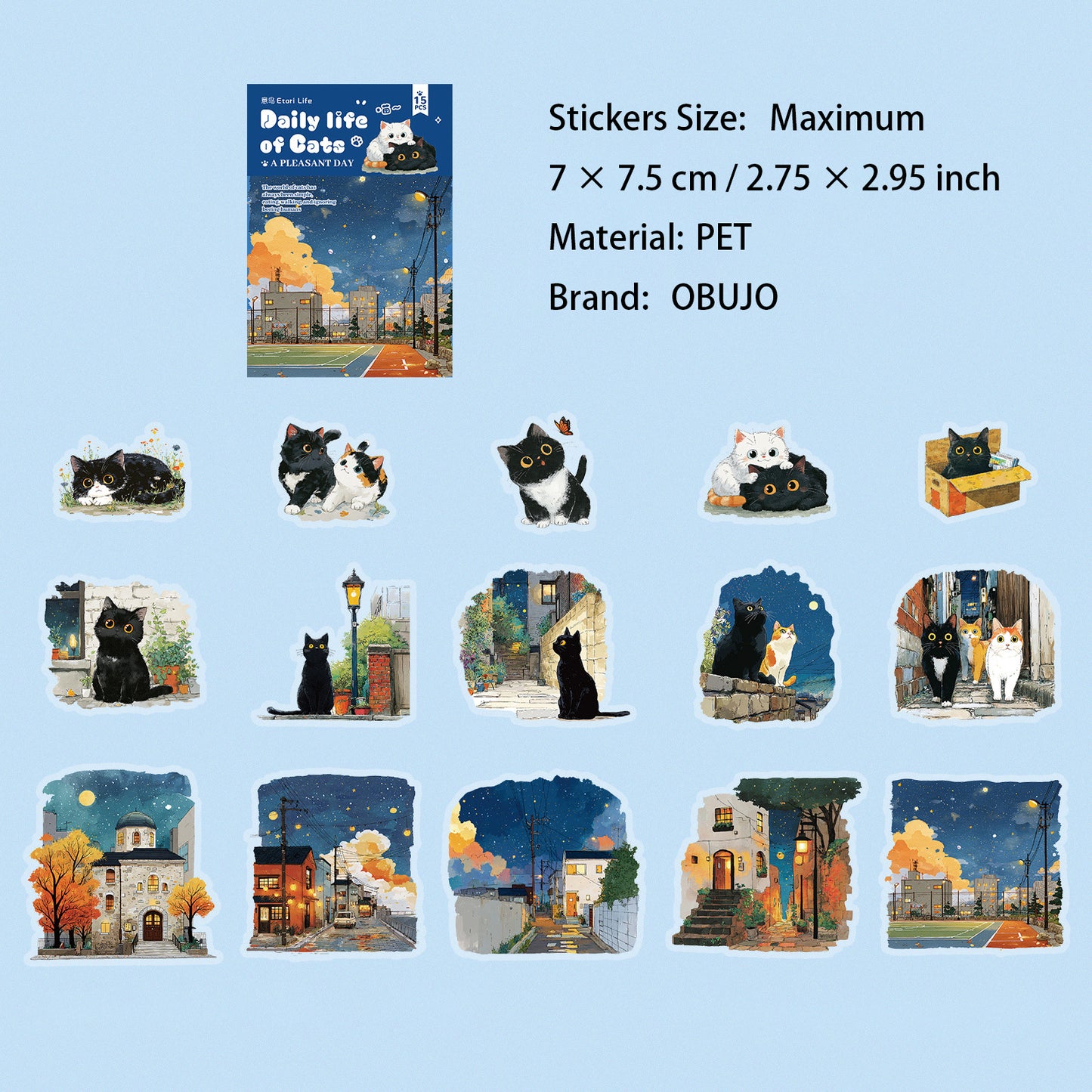 15 Pcs Cozy Cat PET Stickers MMRC