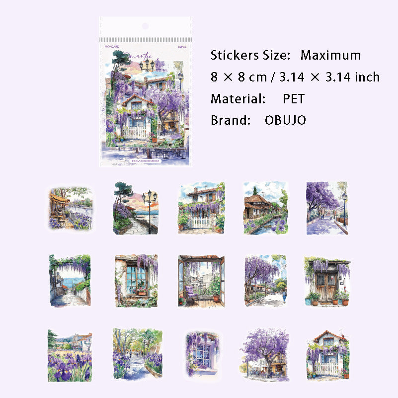 15 Pcs Watercolor Landscape PET Stickers CSSC