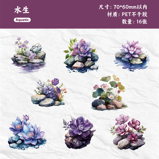 16 Pcs Flower and Stone PET Stickers LJHX