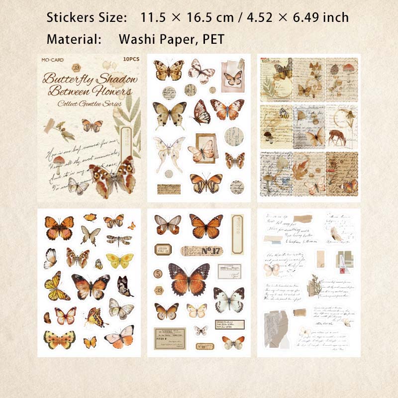 10 Sheets Coffee Butterfly Flower Stickers Book SCWR