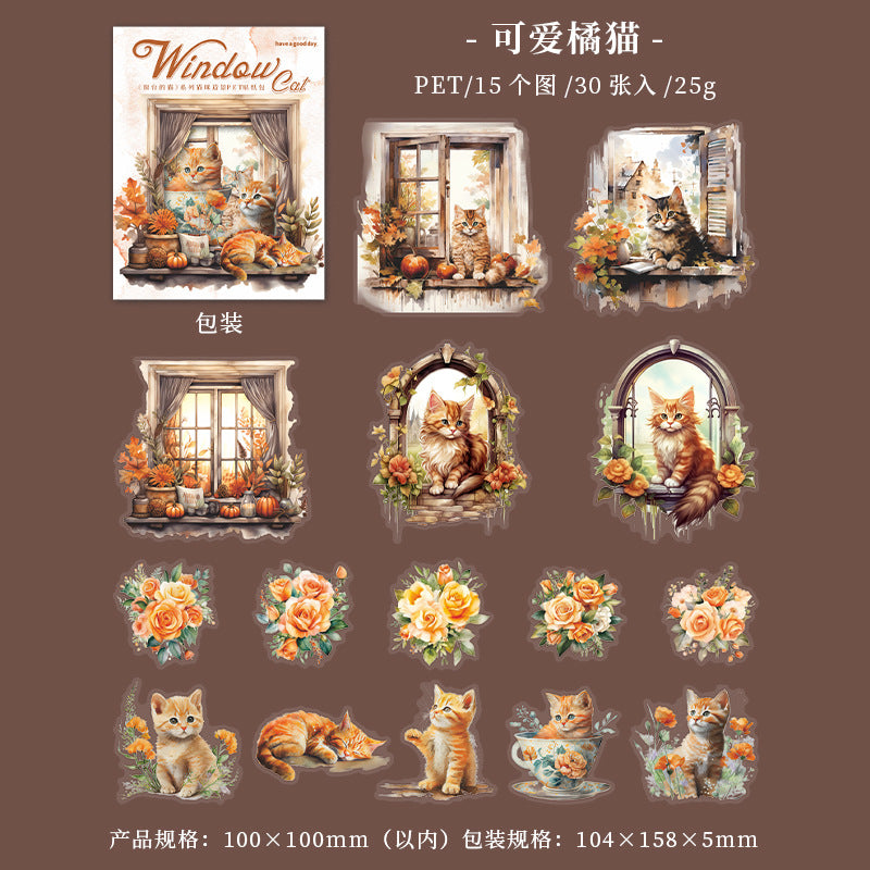 30 Pcs Windows Cat PET Stickers CTDM