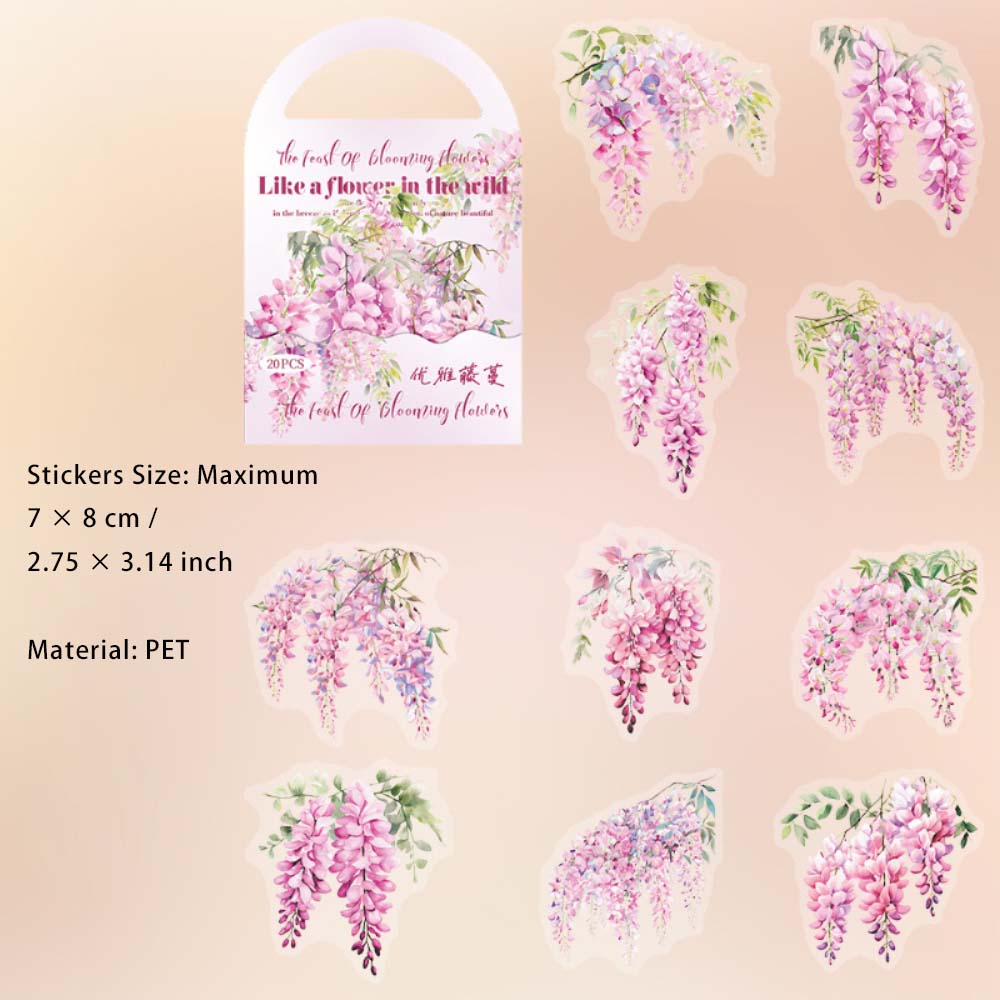 20 Pcs Pink Vine Flower PET Stickers FHSY