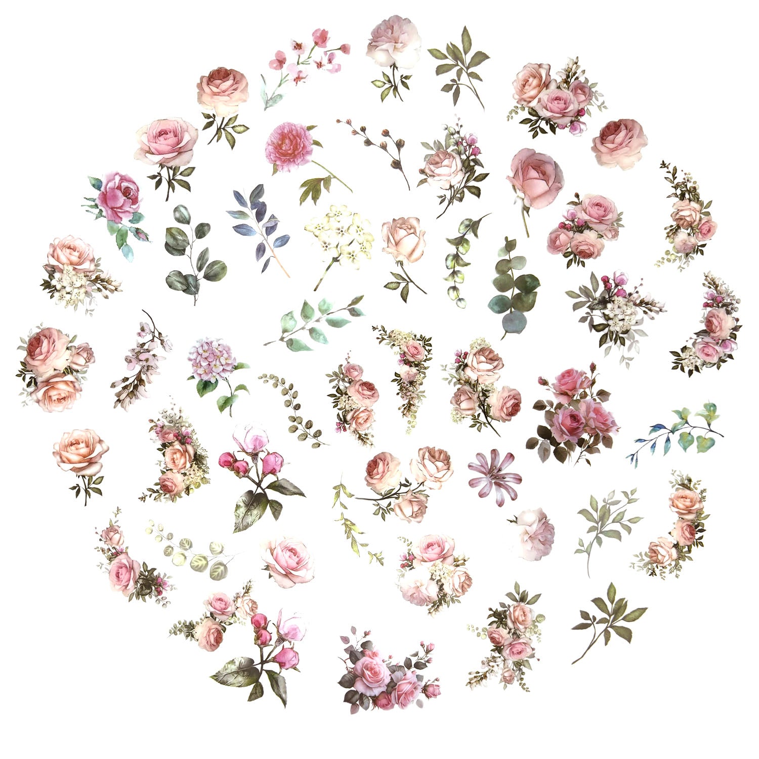 100 Pcs Watercolor Botanical Flowers Stickers - Pink