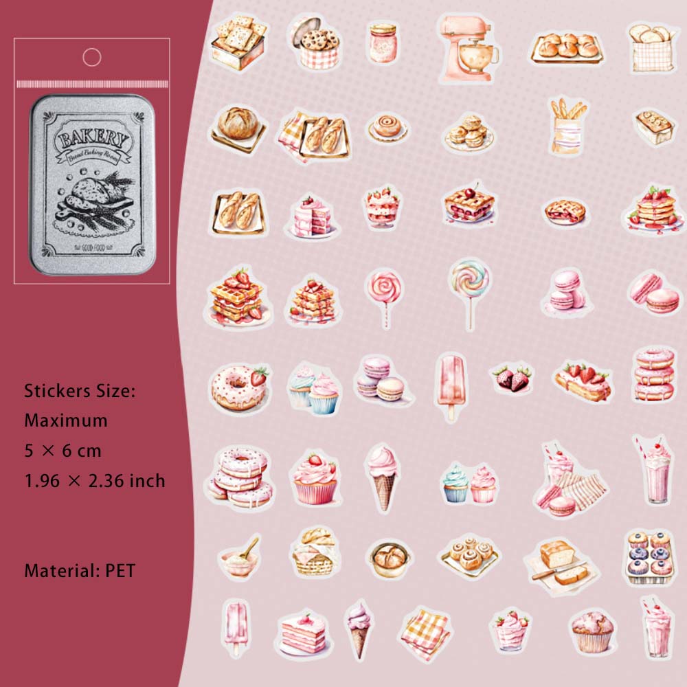 100 Pcs Bread Dessert PET Stickers with Collection Box MBHBS