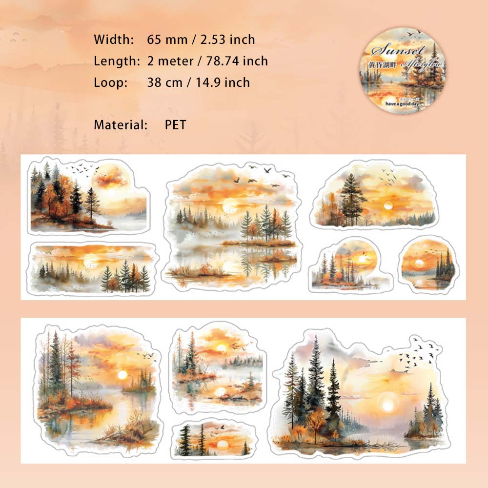 1 Roll Pre-cut Sunset Landscape PET Stickers Tape RLYH