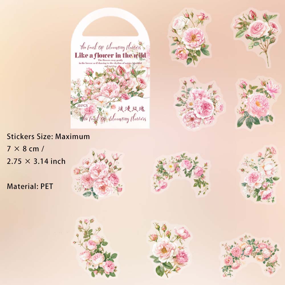 20 Pcs Pink Vine Flower PET Stickers FHSY