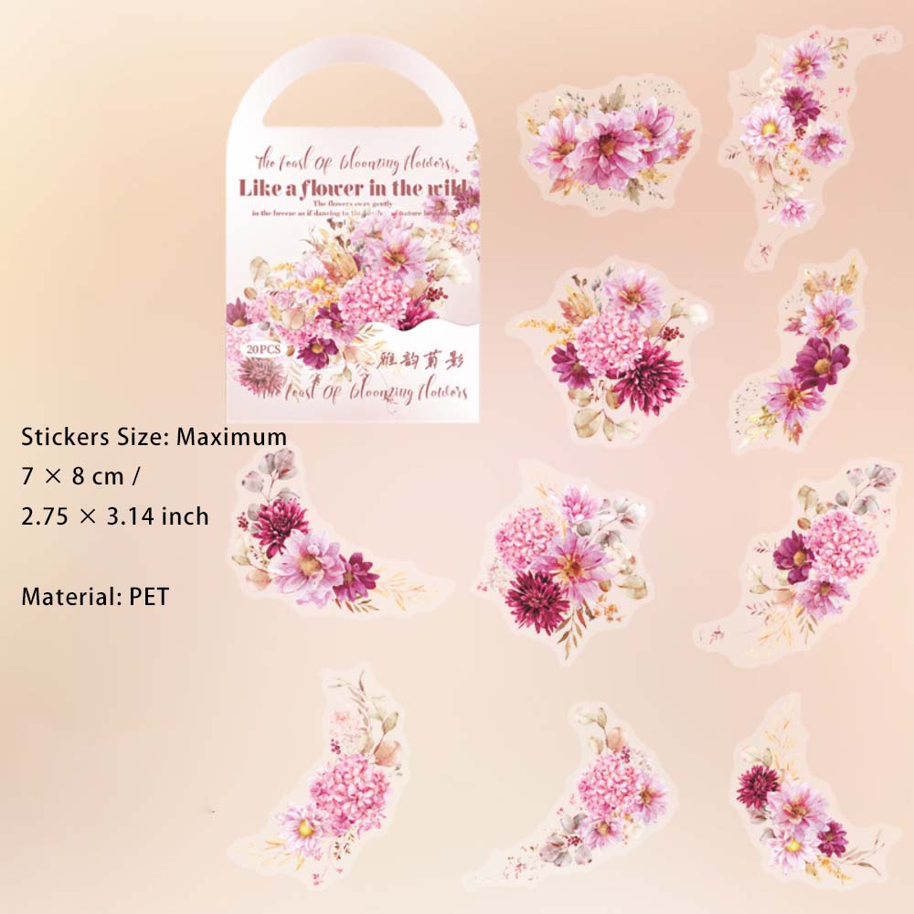 20 Pcs Pink Vine Flower PET Stickers FHSY