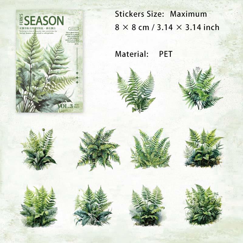 20 Pcs Green Plants Ferns PET Stickers QJCJ