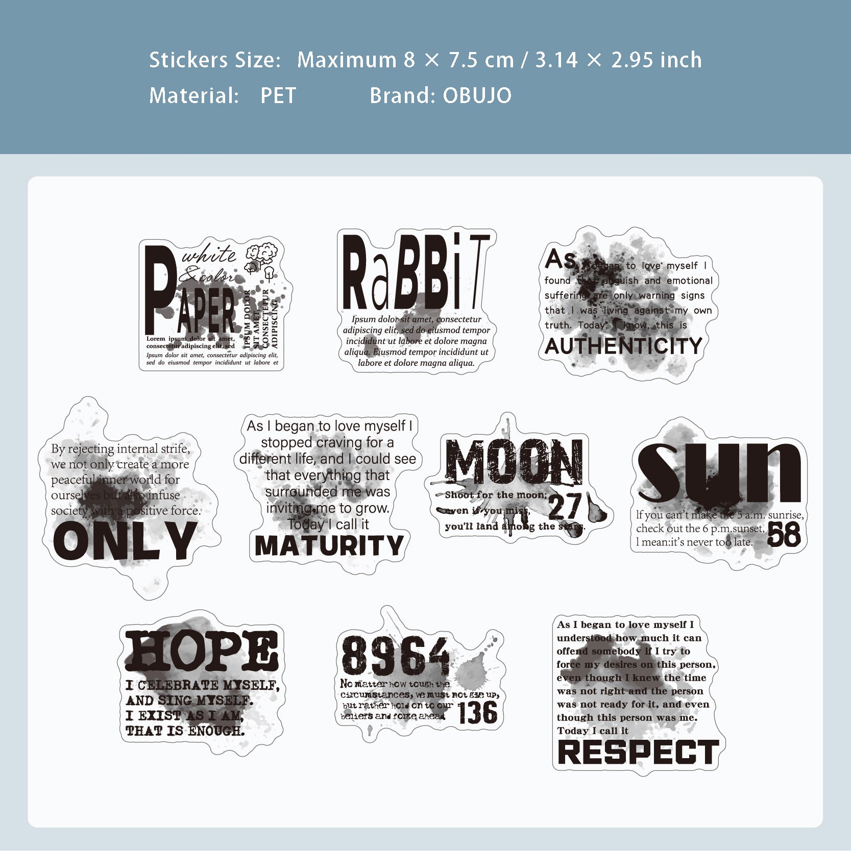20 Pcs Ink and Quote PET Stickers MRXL