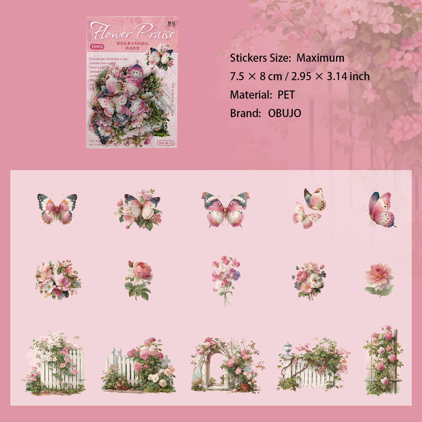 15 Pcs Floral Themed PET Stickers FHLZ