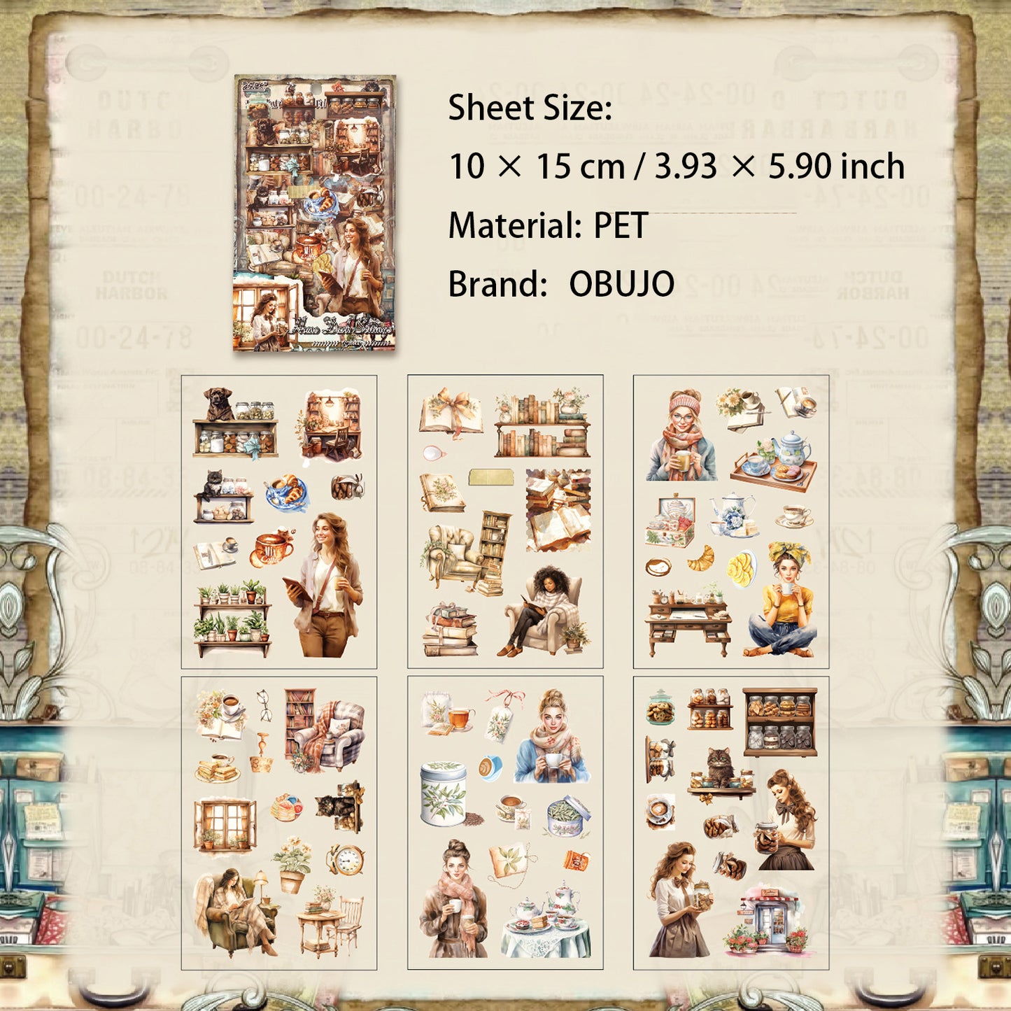 6 Sheets Vintage PET Stickers FSJC