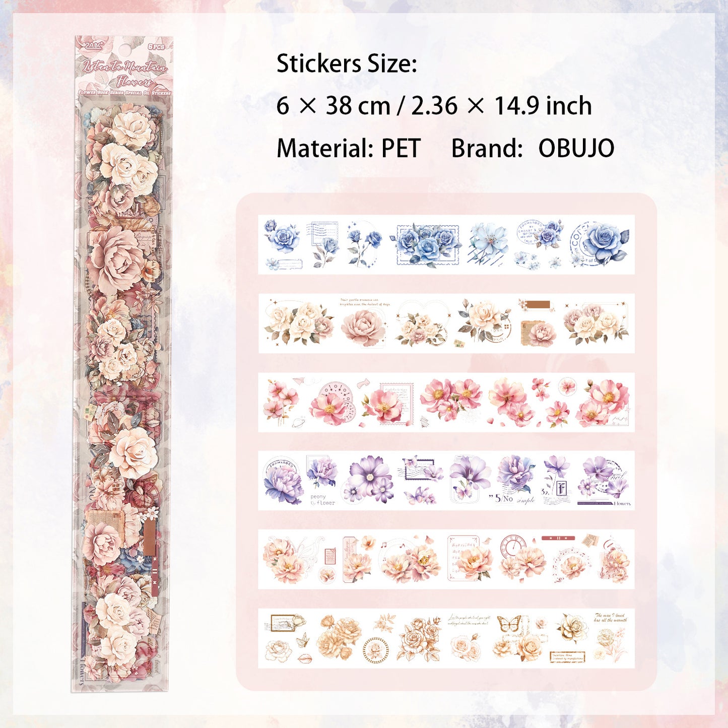 6 Sheets Flower PET Stickers HSJJ