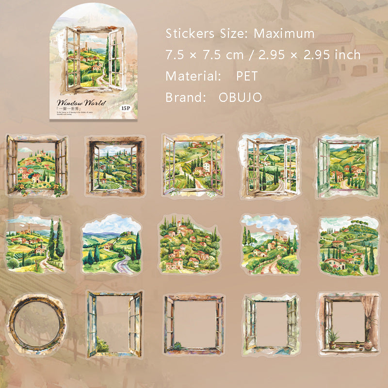 15 Pcs Windows Landscape PET Stickers YCYSJ
