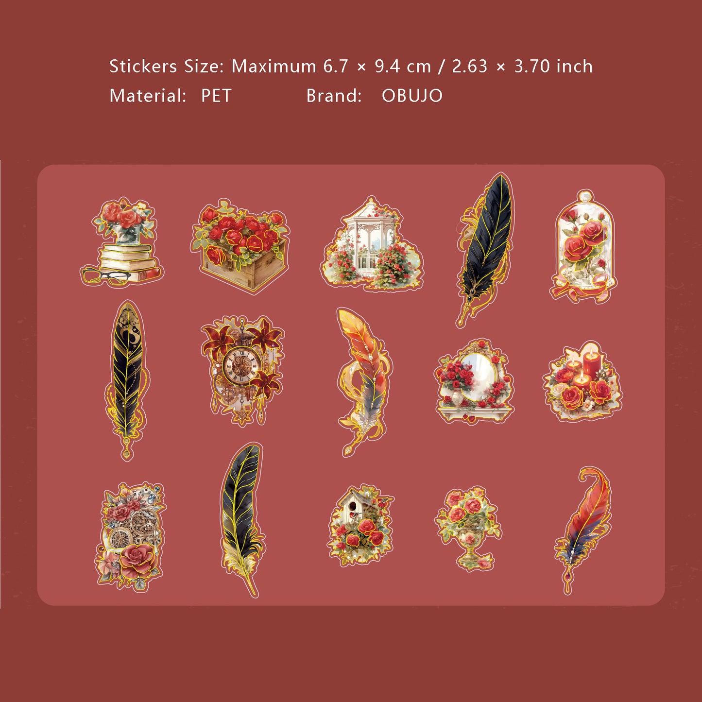 15 Pcs Gold Foil Vintage Feather PET Stickers YYPZ