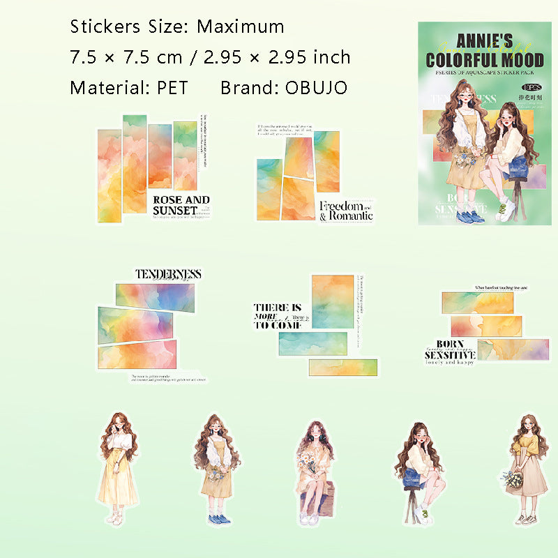 10 Pcs Watercolor Mood Girl PET Stickers ANBLXQ