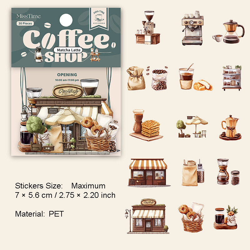 30 Pcs Coffee Shop Theme PET Stickers KFSD