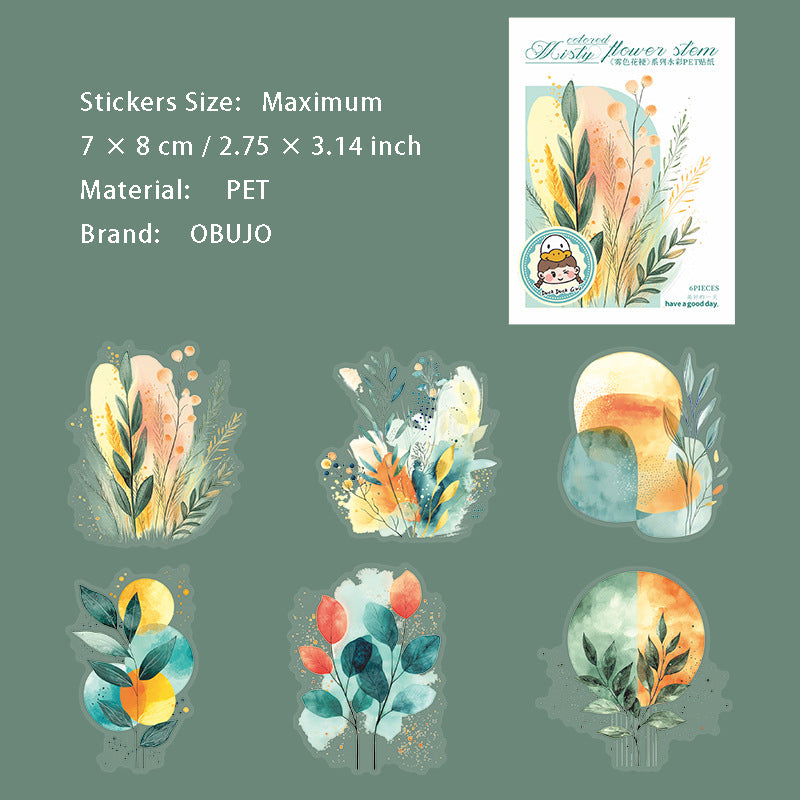6 Pcs Watercolor Leaf PET Stickers WSHG