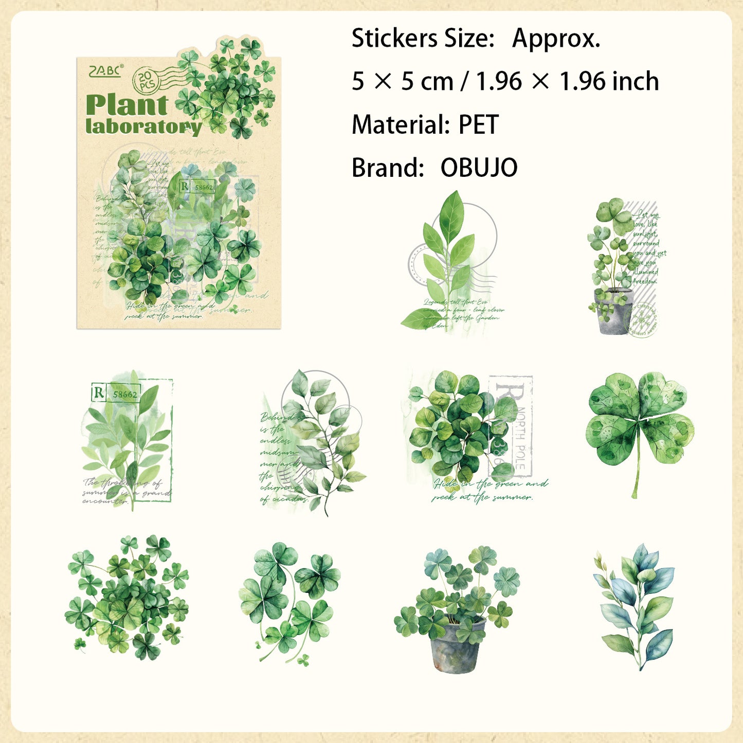 20 Pcs Green Leaf Collage PET Stickers ZWSYS