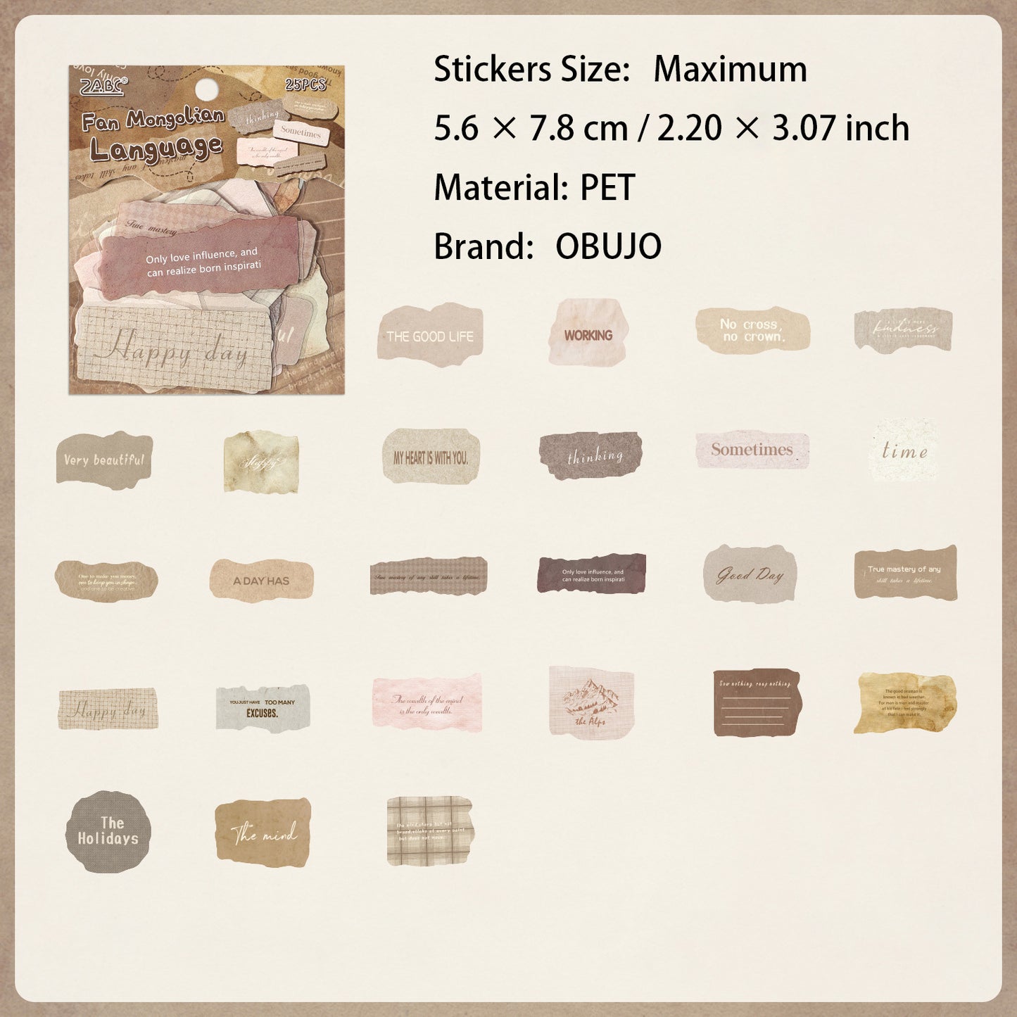 25 Pcs Vintage Words PET Stickers HYYL