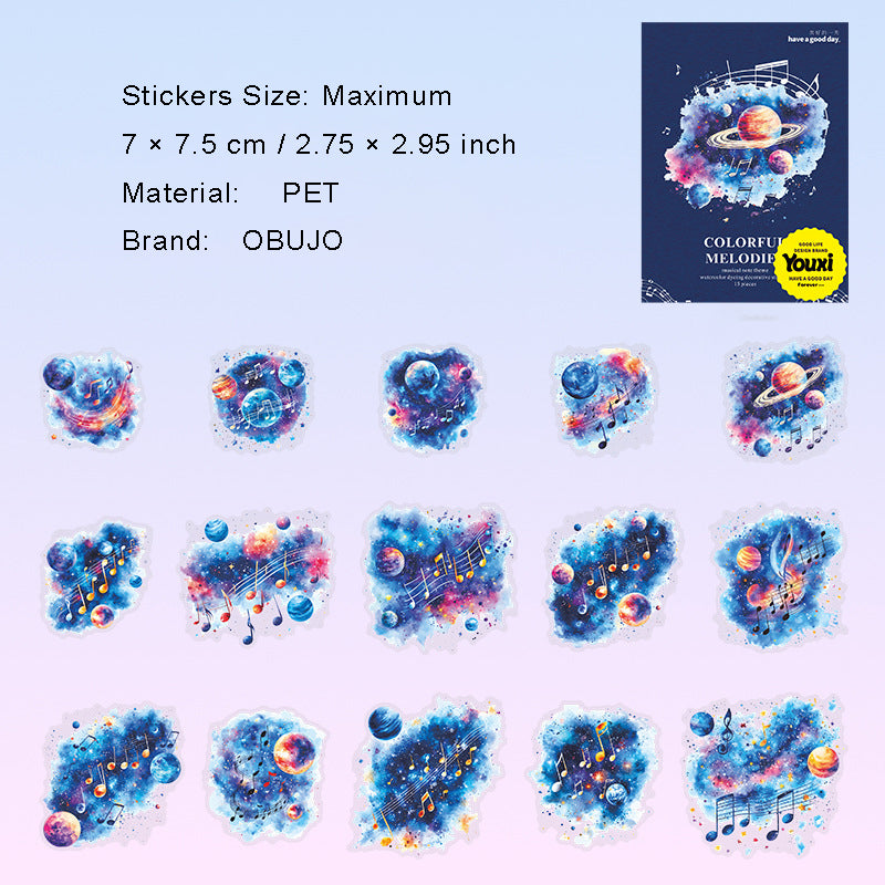 15 Pcs Watercolor Musical Notes PET Stickers CSXL