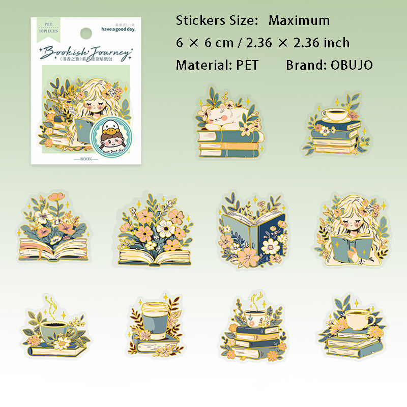 10 Pcs Gold Foil Bookish PET Stickers SXZL