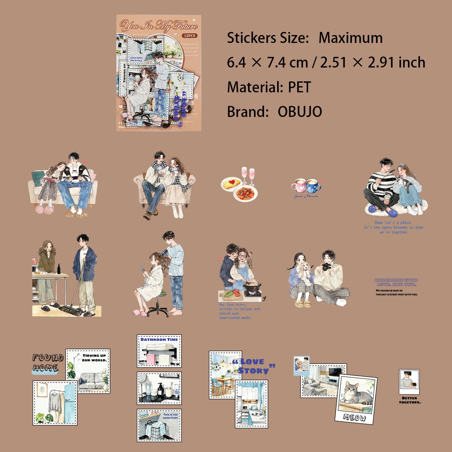 15 Pcs Coulple Themed PET Stickers YSYN