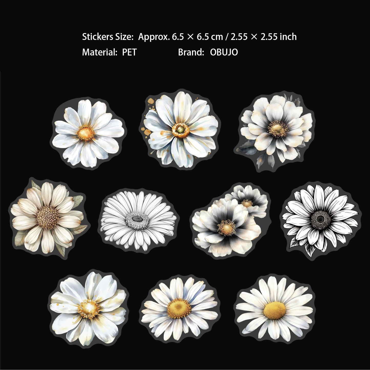 20 Pcs White Flower PET Stickers MYHP