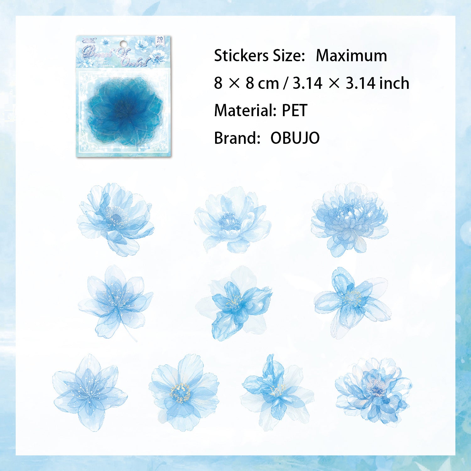 20 Pcs Watercolor Flower PET Stickers RQHS