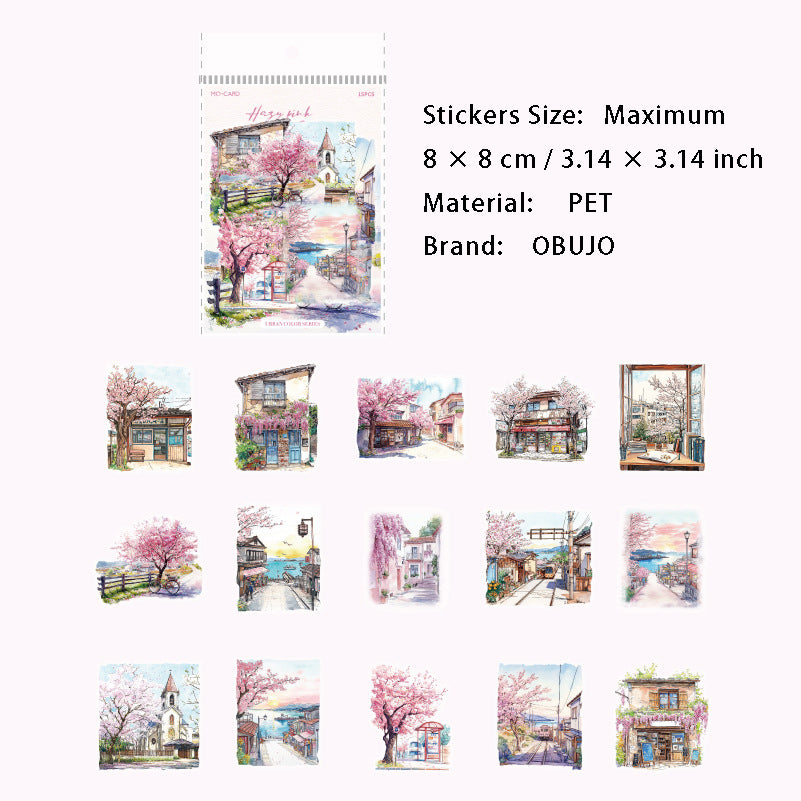 15 Pcs Watercolor Landscape PET Stickers CSSC