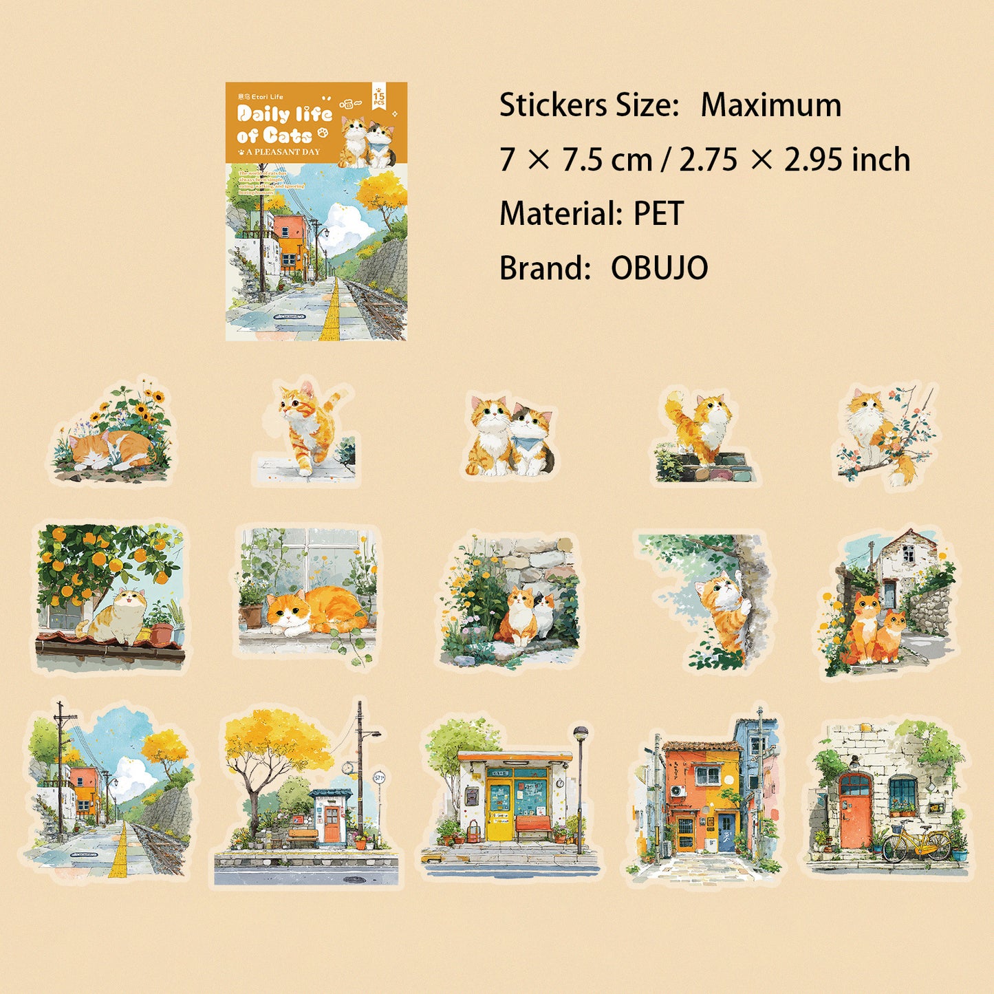 15 Pcs Cozy Cat PET Stickers MMRC