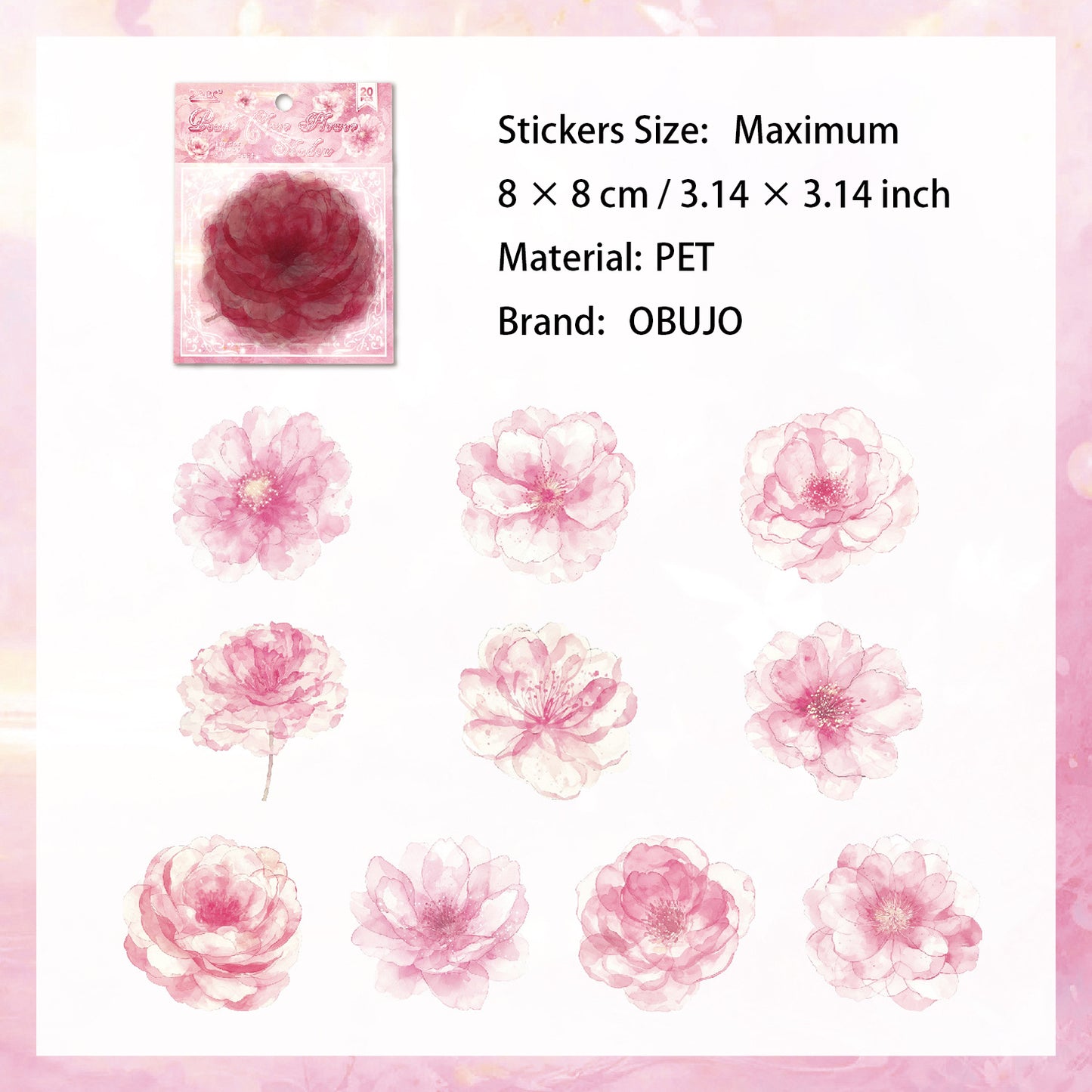 20 Pcs Watercolor Flower PET Stickers RQHS